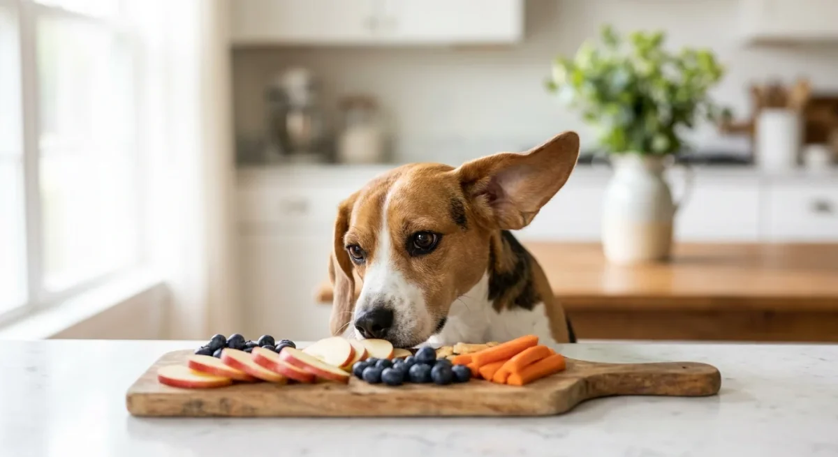 Un câine Beagle curios privește un platou cu mere și afine proaspete pe un blat de bucătărie.
