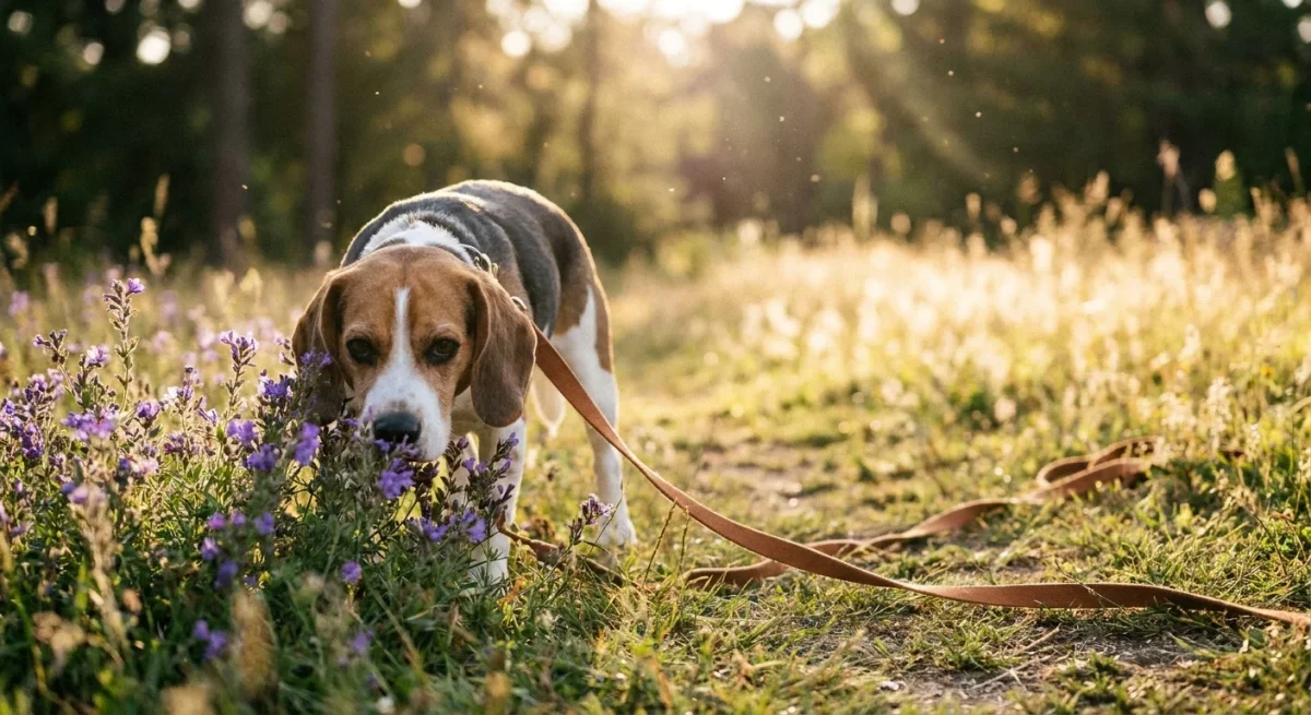 Un câine Beagle explorând liber o pajiște cu flori la apus, simbolizând libertatea de mișcare.