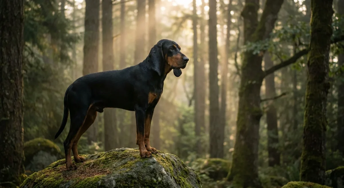 Un câine Black and Tan Coonhound mândru, stând pe o stâncă în mijlocul unei păduri cețoase.