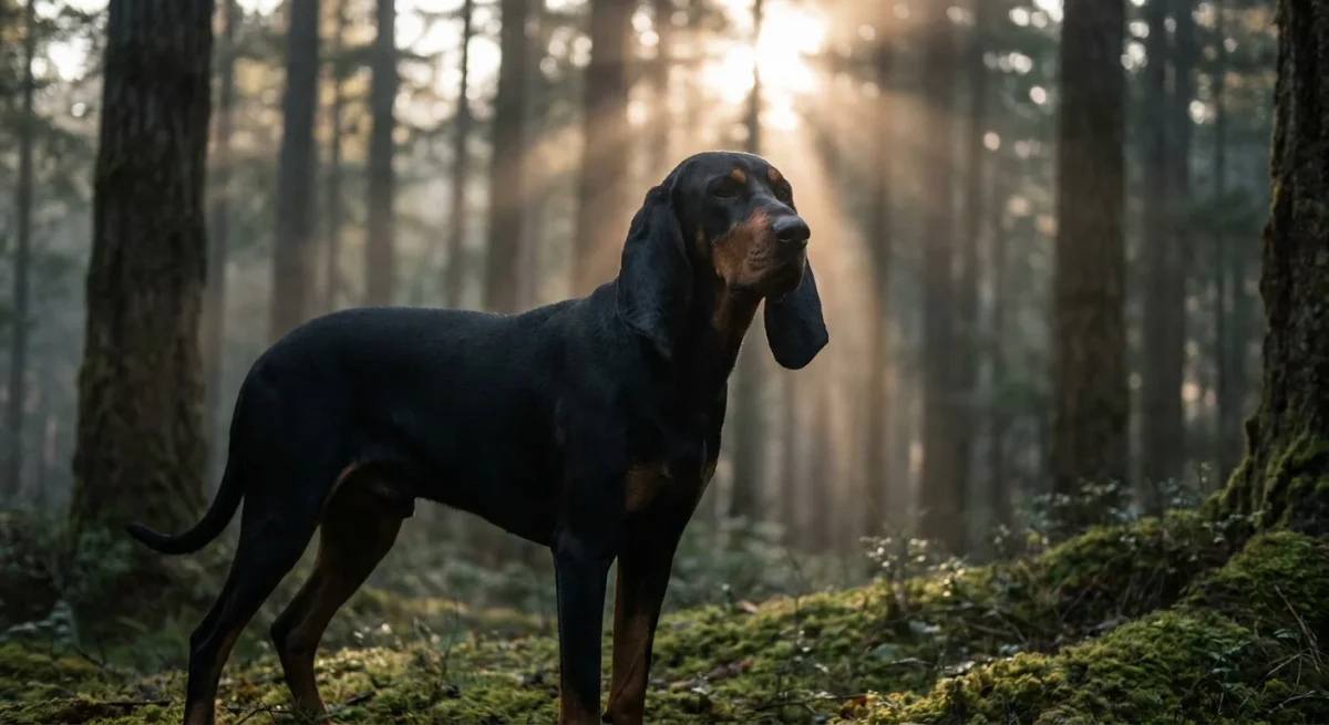 Un câine Black and Tan Coonhound stând mândru într-o pădure cu ceață, evidențiind blana neagră lucioasă și urechile lungi.