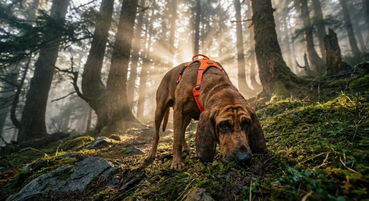 Un câine Bloodhound cu ham portocaliu adulmecând urma pe solul umed al unei păduri cețoase la răsărit.