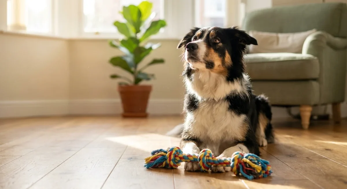 Un câine Border Collie atent care a lăsat o jucărie pe podea, ilustrând succesul dresajului.