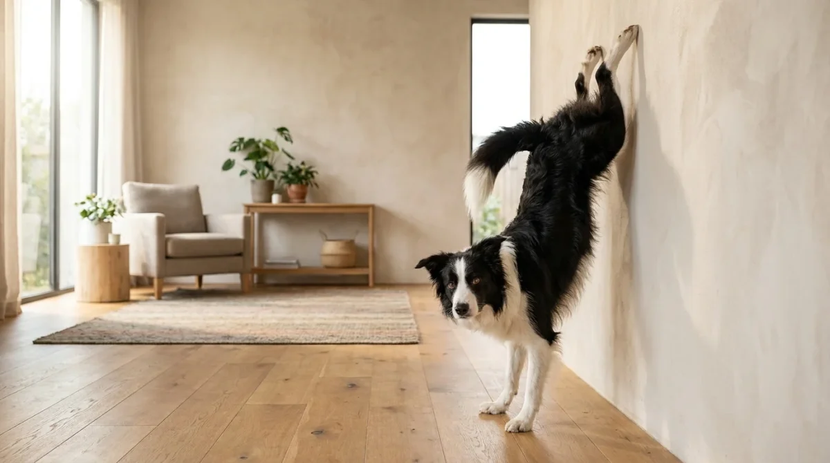 Un câine Border Collie executând un stând în picioarele din față lângă un perete alb într-o cameră luminoasă.