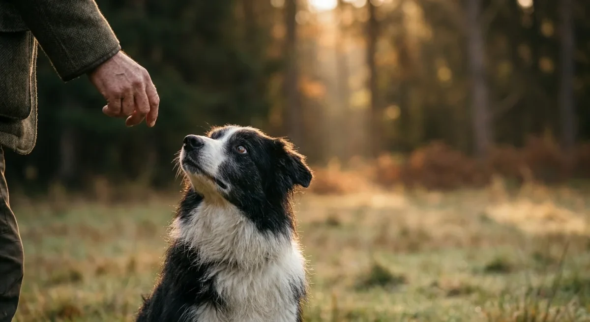 Un câine Border Collie privește cu atenție dresorul pe un teren de antrenament în lumina caldă a apusului.