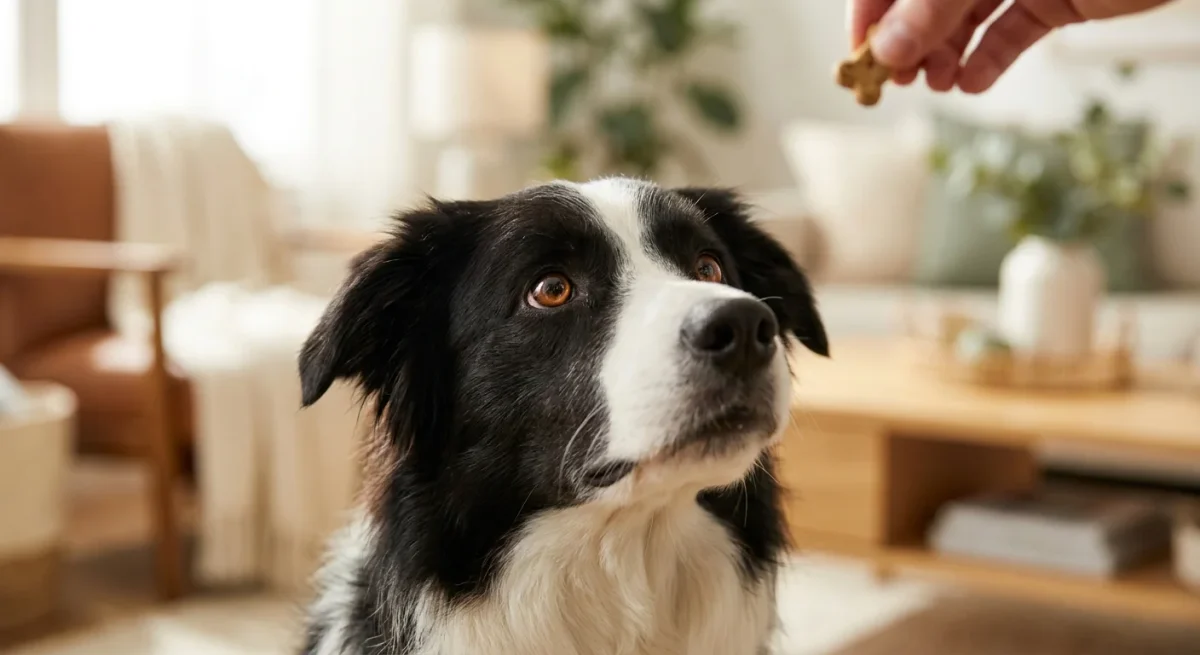 Un câine Border Collie privește cu atenție o recompensă în timpul unei sesiuni de dresaj.