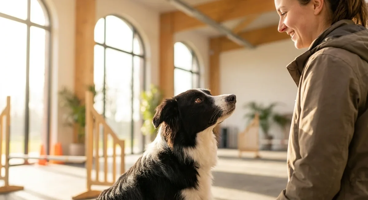 Un câine Border Collie privește cu atenție și bucurie către dresorul său într-o sală de antrenament luminoasă.