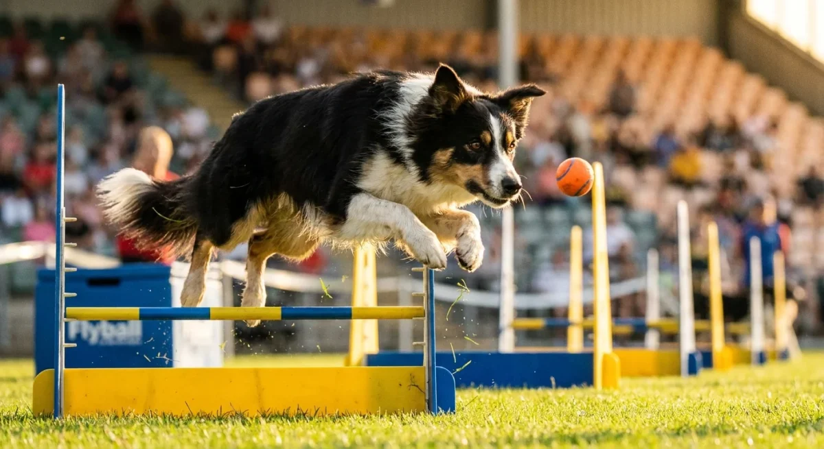 Un câine Border Collie sărind peste un obstacol galben într-o competiție de Flyball, surprins în viteză.