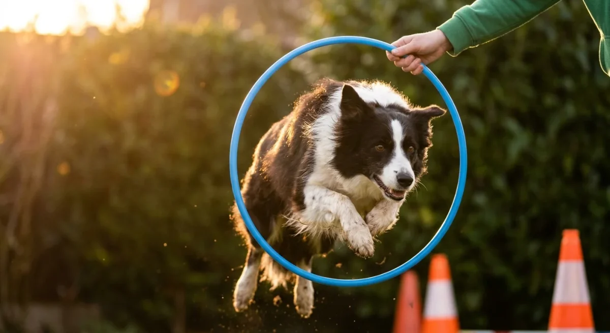 Un câine Border Collie sărind printr-un cerc în curte, surprins în plină acțiune în timpul unui antrenament de agility.