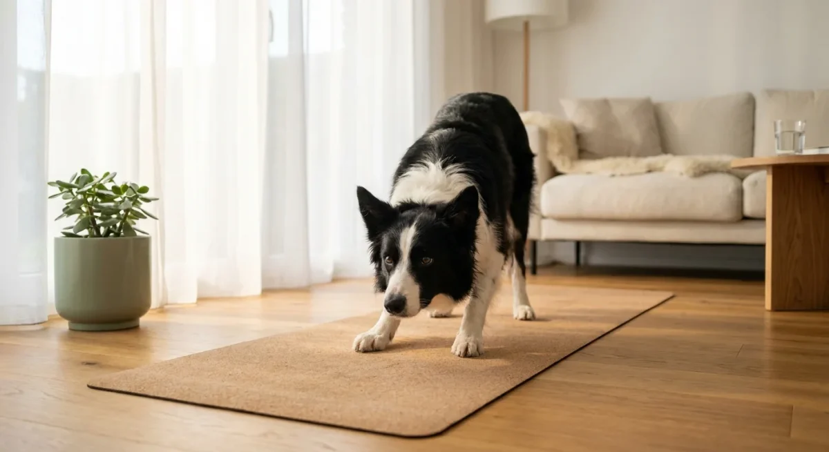 Un câine Border Collie stând concentrat pe o saltea de fitness într-o cameră luminoasă.