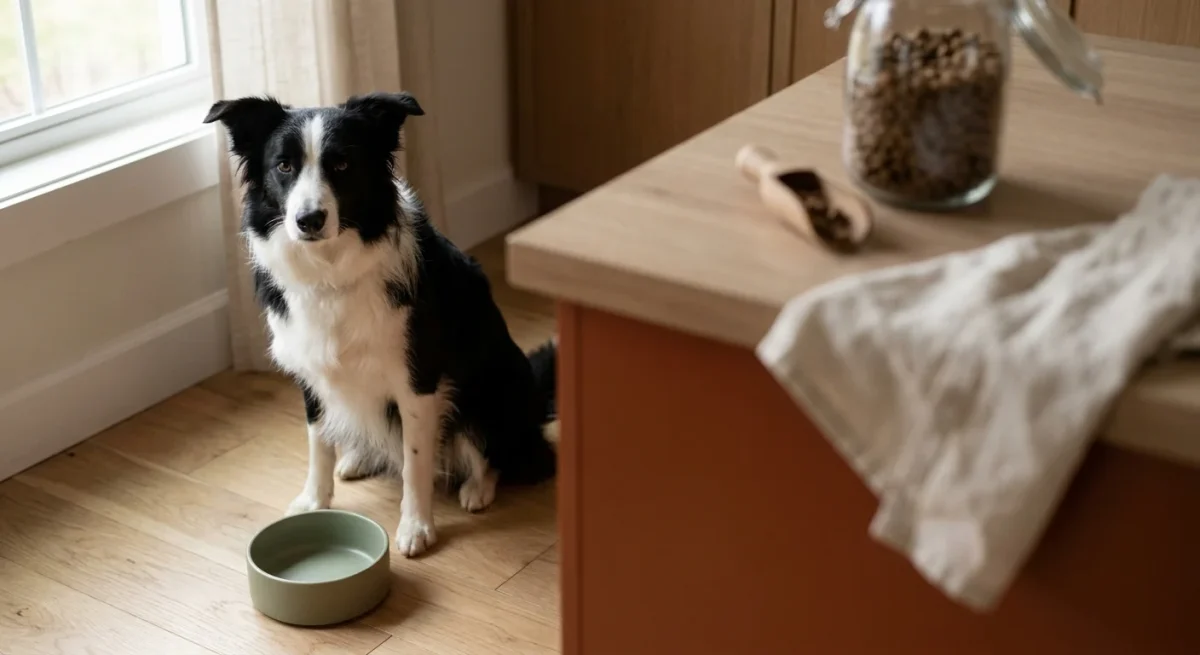 Un câine Border Collie stând cuminte lângă un castron ceramic, într-o bucătărie luminoasă.