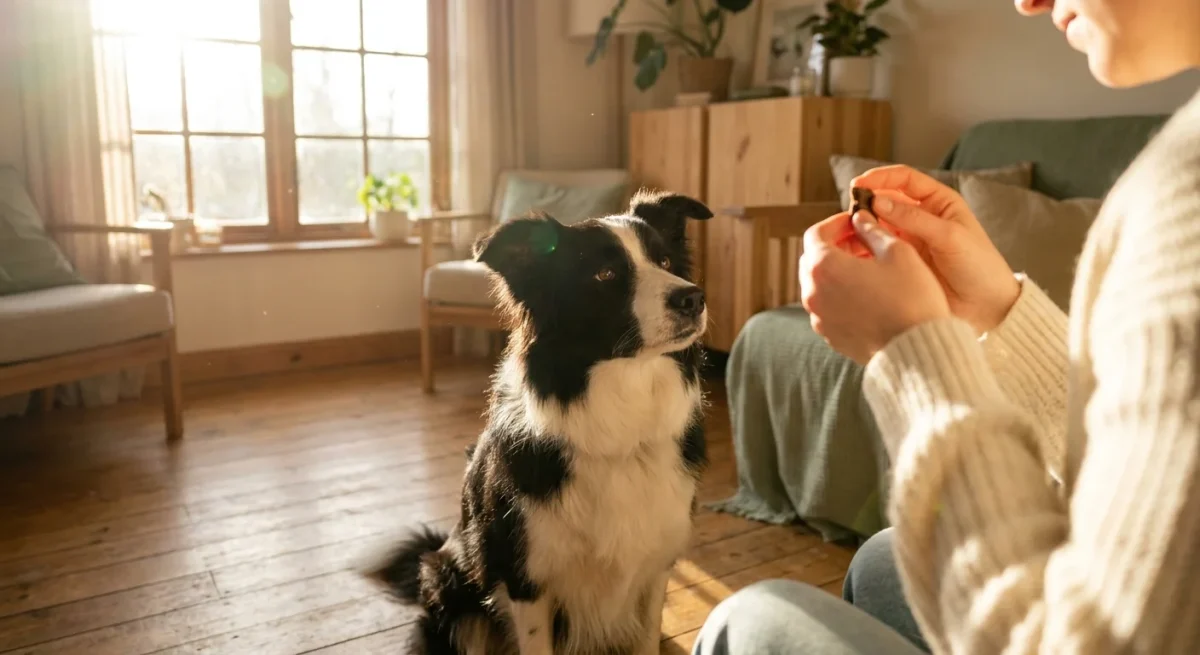 Un câine Border Collie stând cuminte și privind cu atenție spre stăpânul său într-o cameră luminată de soare.