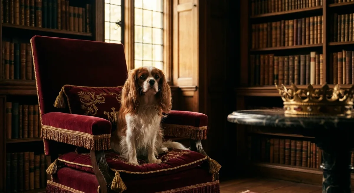 Un câine Cavalier King Charles Spaniel stând pe un tron de catifea roșie într-o bibliotecă regală.