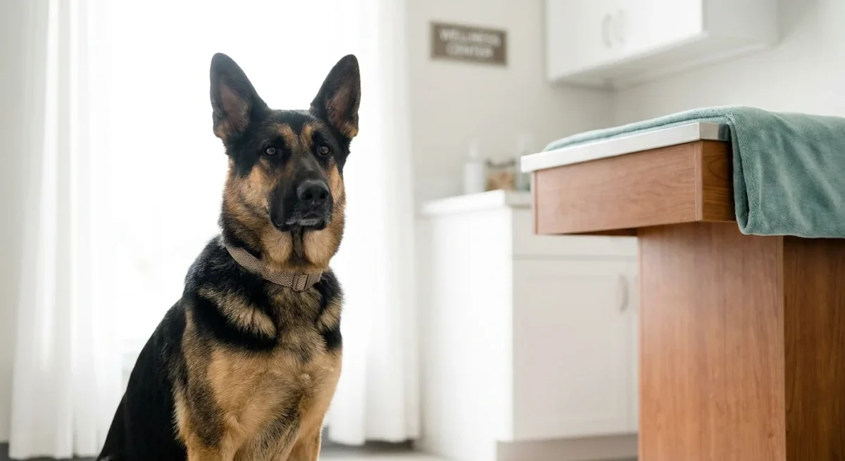 Un câine Ciobănesc German așezat calm într-o clinică veterinară luminoasă.