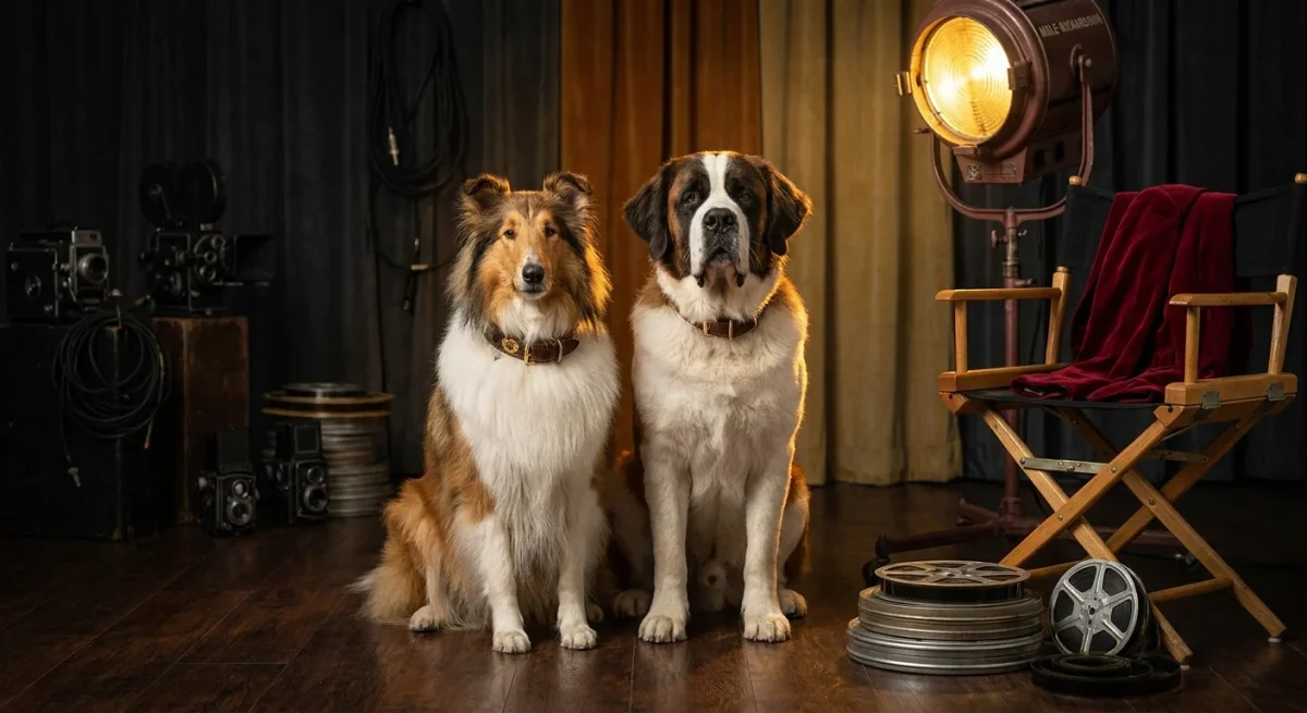 Un câine Collie și un Saint Bernard într-un decor de studio cinematografic vintage, cu role de film și reflectoare.