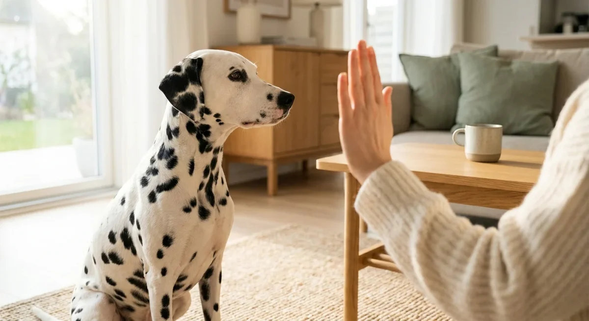 Un câine Dalmatian privește fix spre mâna stăpânului care îi oferă un semnal vizual într-o cameră luminoasă.