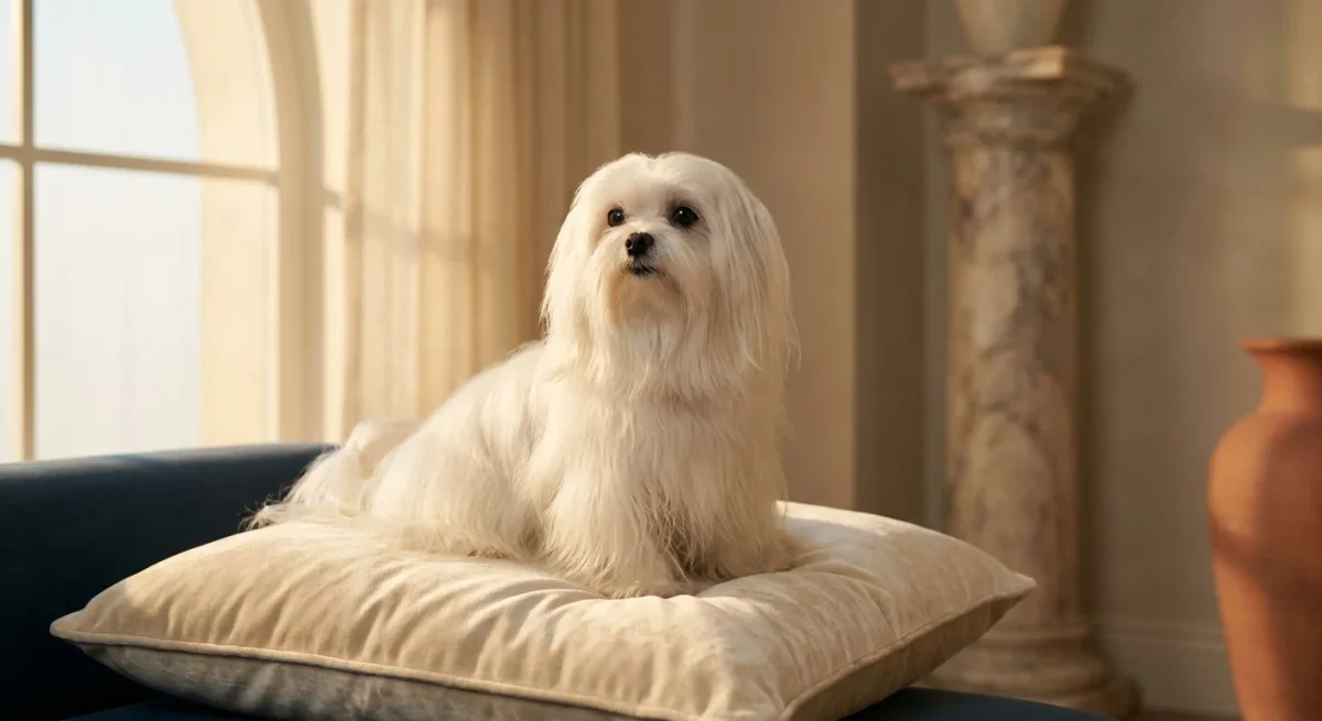 Un câine de rasă Maltez cu blană albă mătăsoasă, stând pe o pernă de catifea într-un decor elegant.