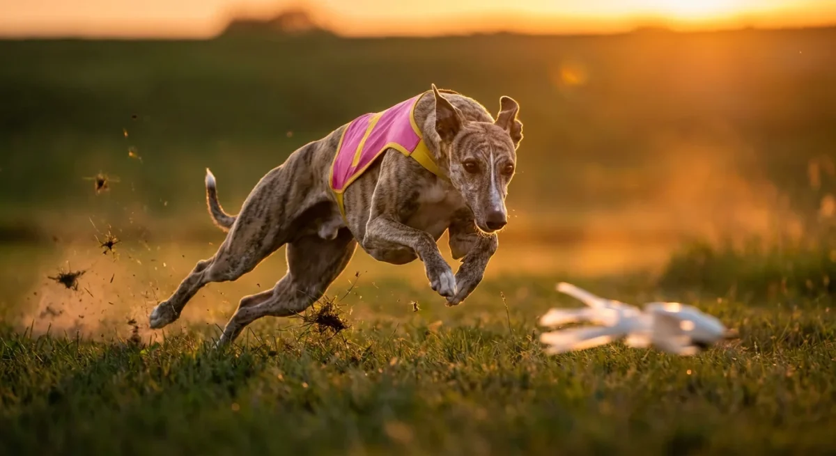 Un câine de rasă Whippet surprins în plină viteză, cu mușchii încordați, alergând la o competiție de lure coursing pe iarbă.