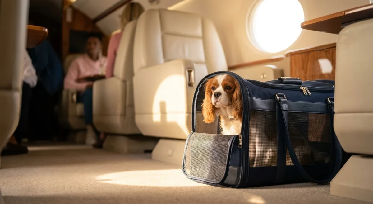 Un câine de talie mică stând relaxat într-o geantă de transport textilă sub scaunul unui avion, într-o lumină caldă.