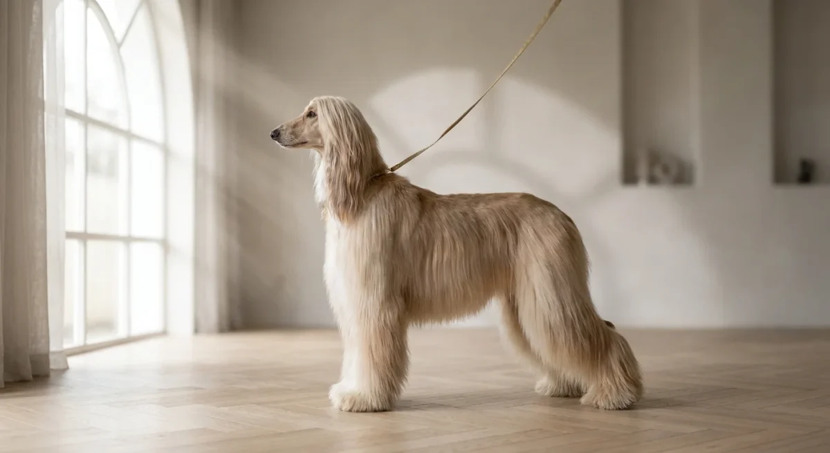 Un câine din rasa Ogar Afgan stând în poziția oficială de concurs într-un studio minimalist și luminos.