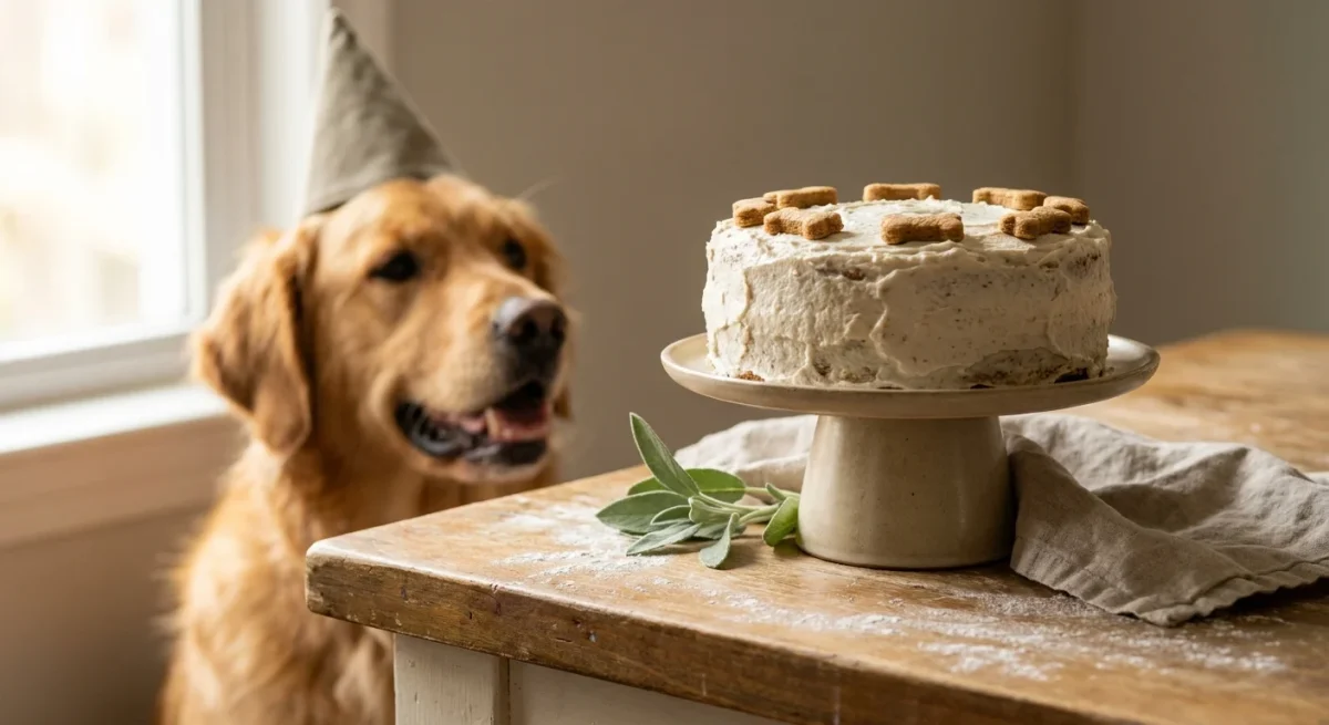 Un câine fericit cu un coif de petrecere stând lângă un tort de casă ornat cu biscuiți în formă de os.