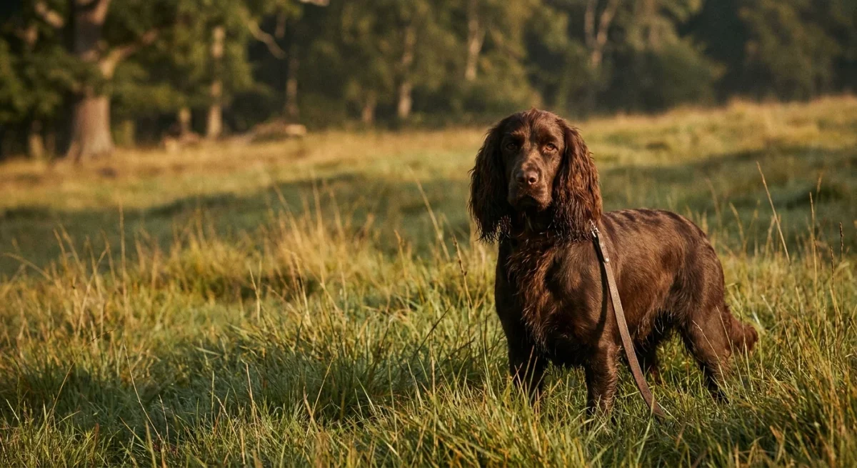 Un câine Field Spaniel de culoare mahon stând mândru într-o pajiște luminată de soarele dimineții.
