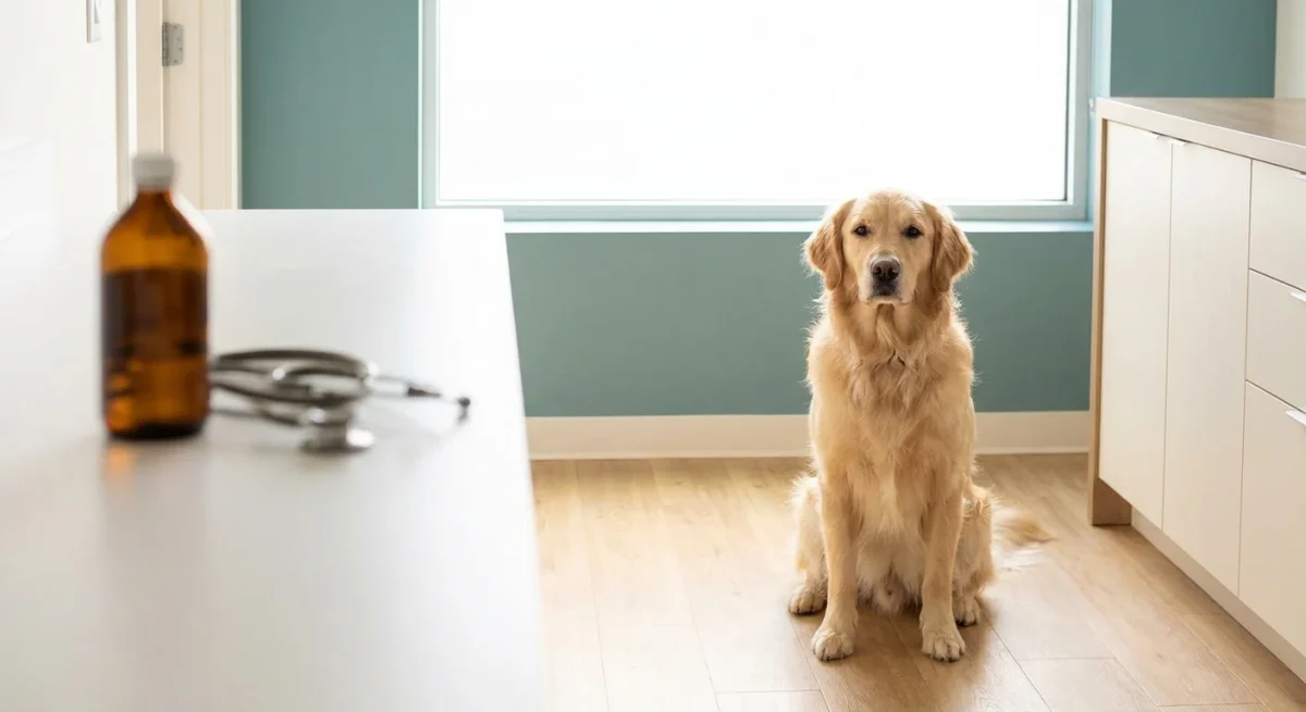 Un câine Golden Retriever așezat calm lângă un stetoscop și un flacon de medicamente într-un cabinet veterinar modern.