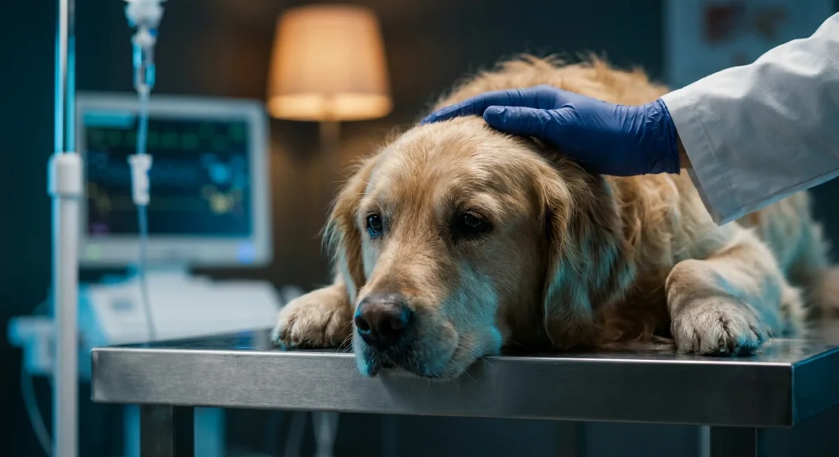 Un câine Golden Retriever bolnav într-o clinică veterinară, primind îngrijiri de urgență pentru sepsis.