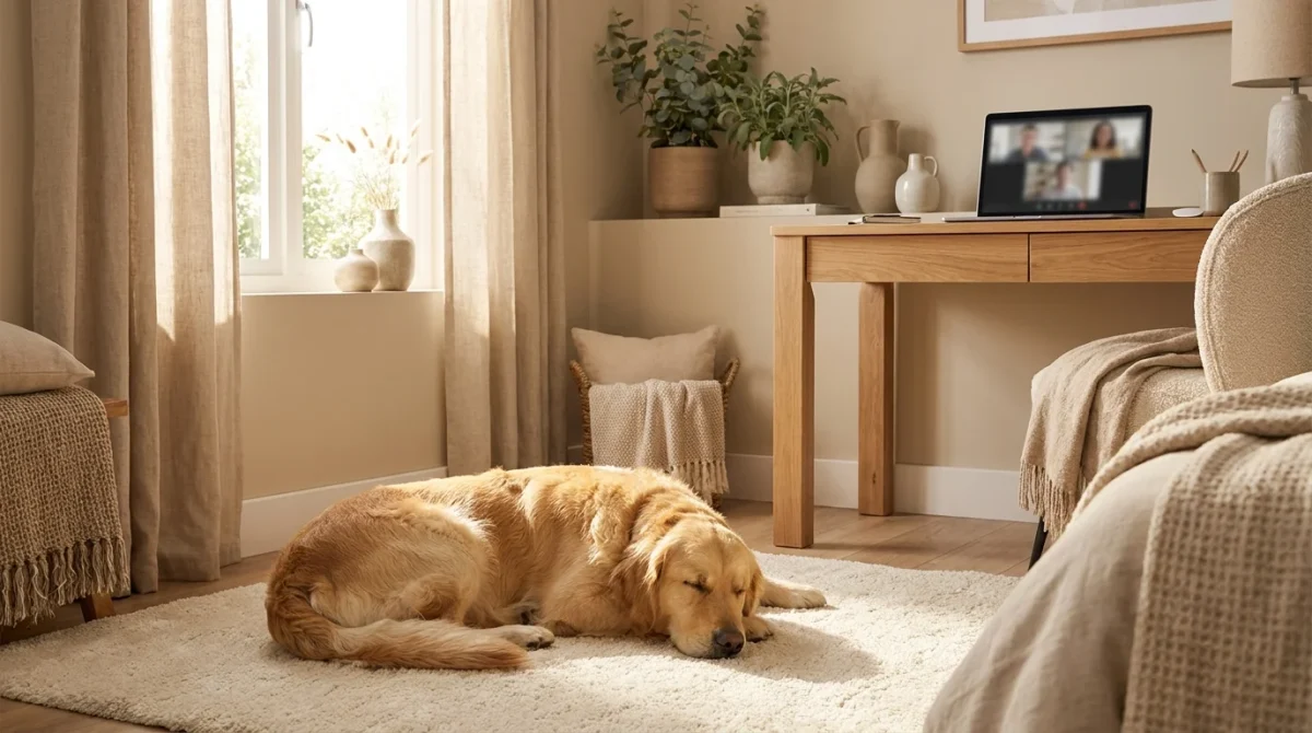 Un câine Golden Retriever dormind liniștit pe un covor lângă un birou de lucru acasă.