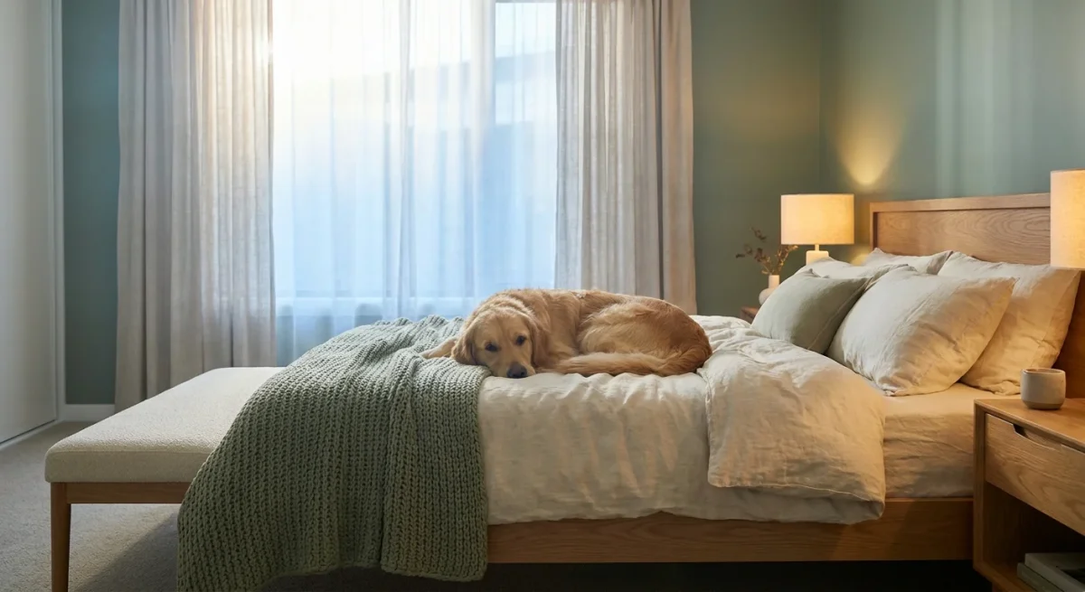 Un câine Golden Retriever dormind liniștit pe un pat cu așternuturi de in, într-o lumină caldă de dimineață.