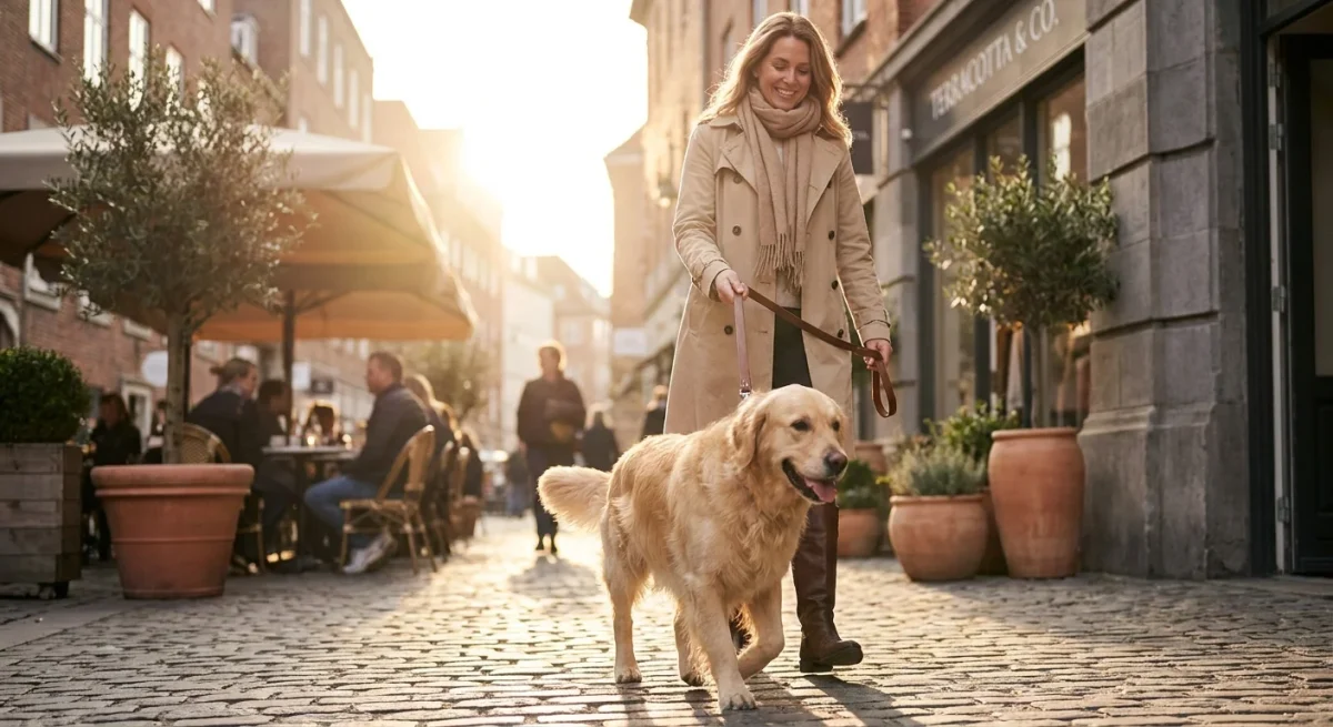 Un câine Golden Retriever fericit plimbându-se pe o stradă pietonală însorită din centrul orașului.