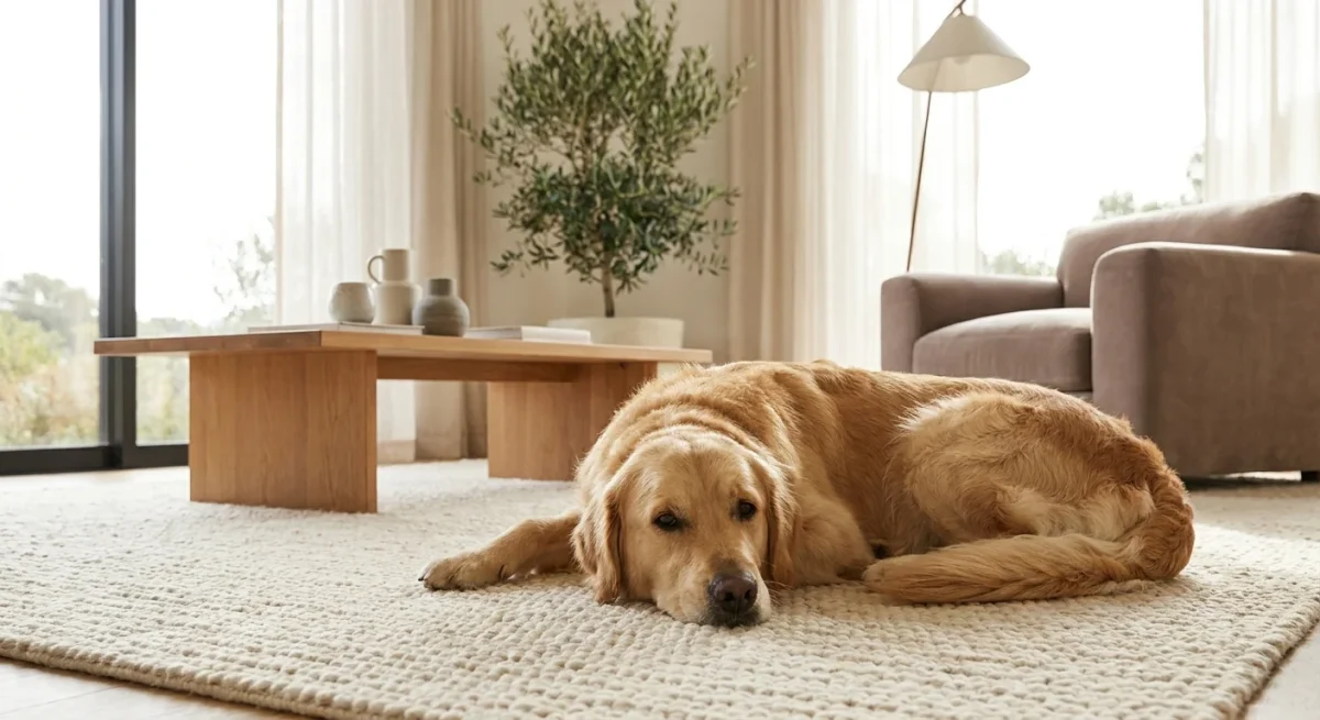 Un câine Golden Retriever fericit stând pe un covor crem curat într-o sufragerie modernă și luminoasă.