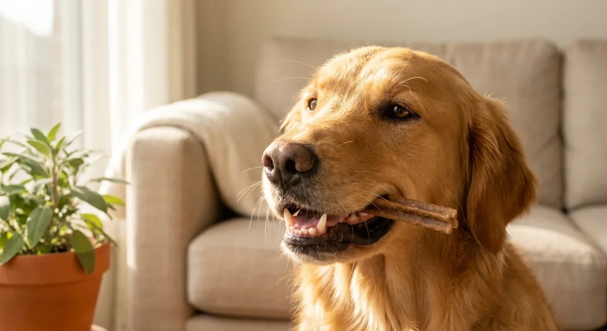Un câine Golden Retriever fericit ținând în gură un baton dentar într-o cameră luminoasă.