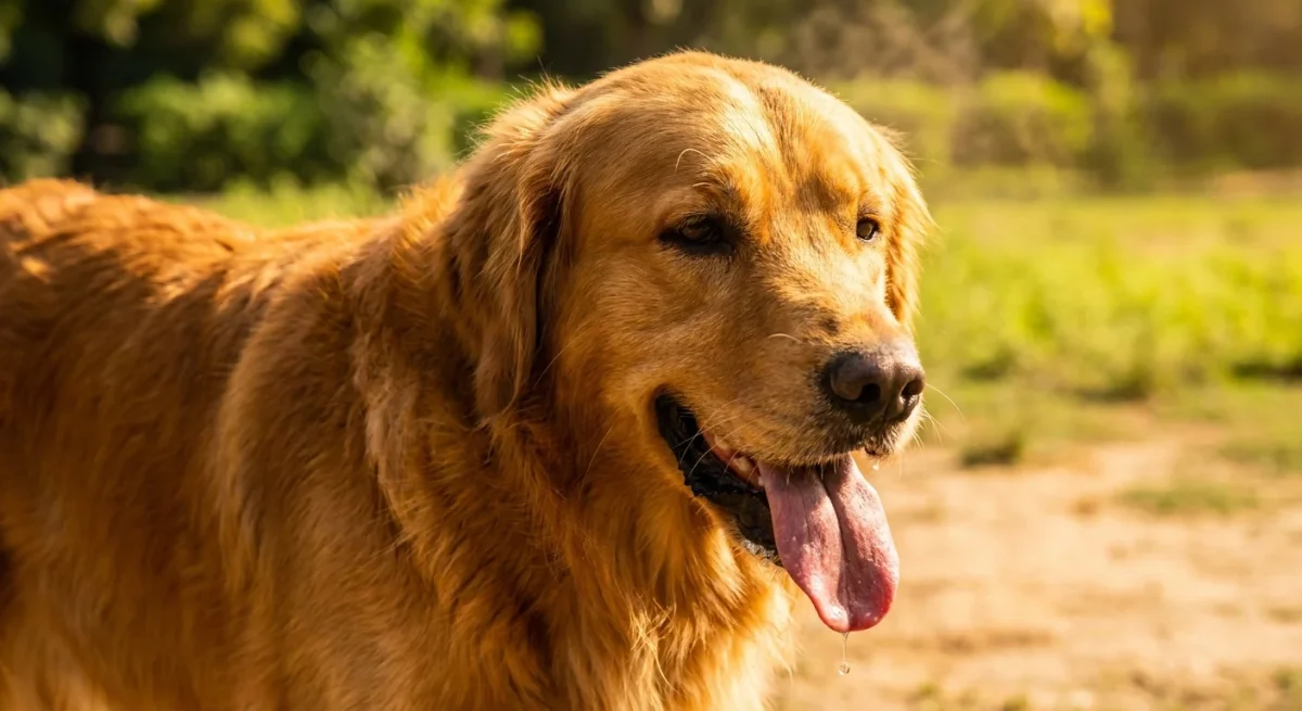 Un câine Golden Retriever gâfâind în soarele puternic de vară, ilustrând semnele de supraîncălzire.