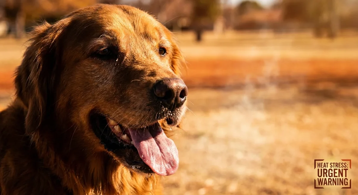 Un câine Golden Retriever gâfâind intens sub soarele puternic, ilustrând pericolul insolației.