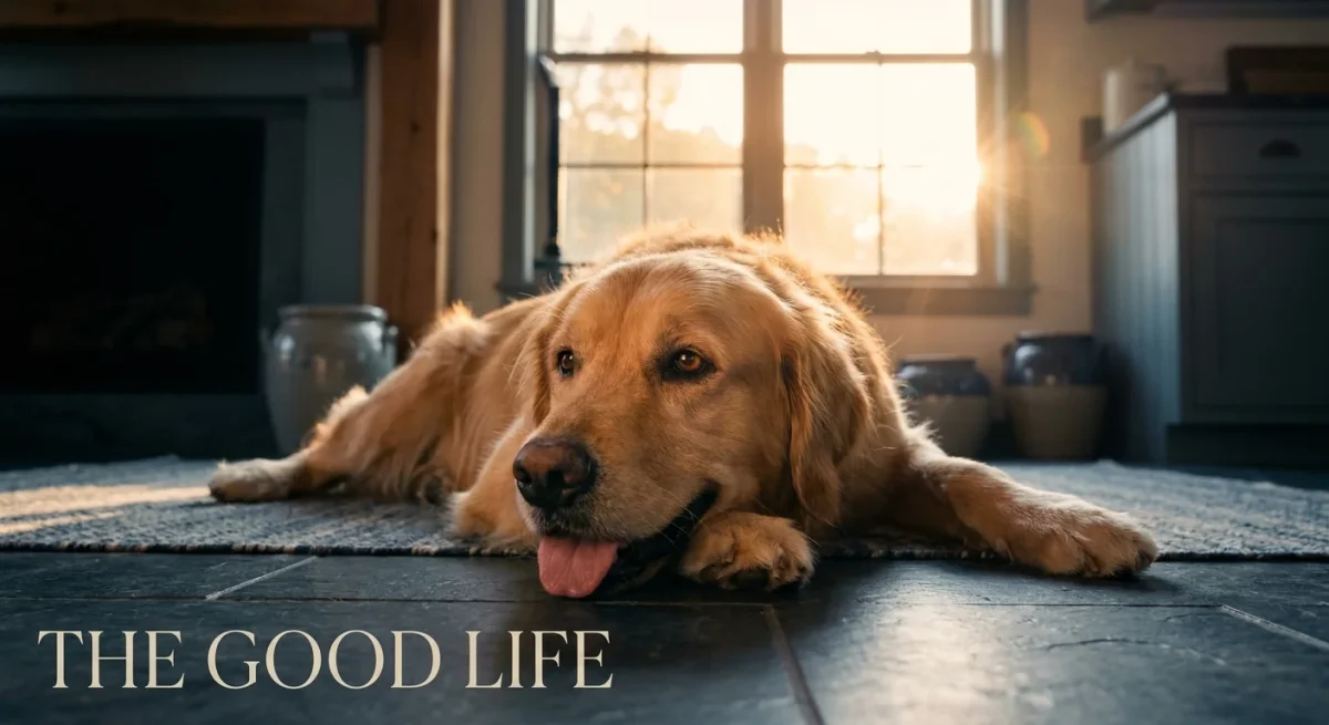 Un câine Golden Retriever gâfâind ușor pe o podea răcoroasă într-o cameră luminată de soare.