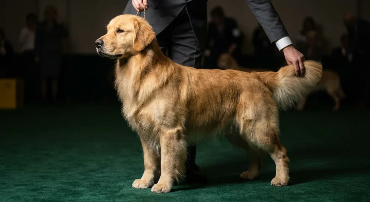 Un câine Golden Retriever într-o poziție perfectă de concurs pe un covor verde, simbolizând excelența în conformație.