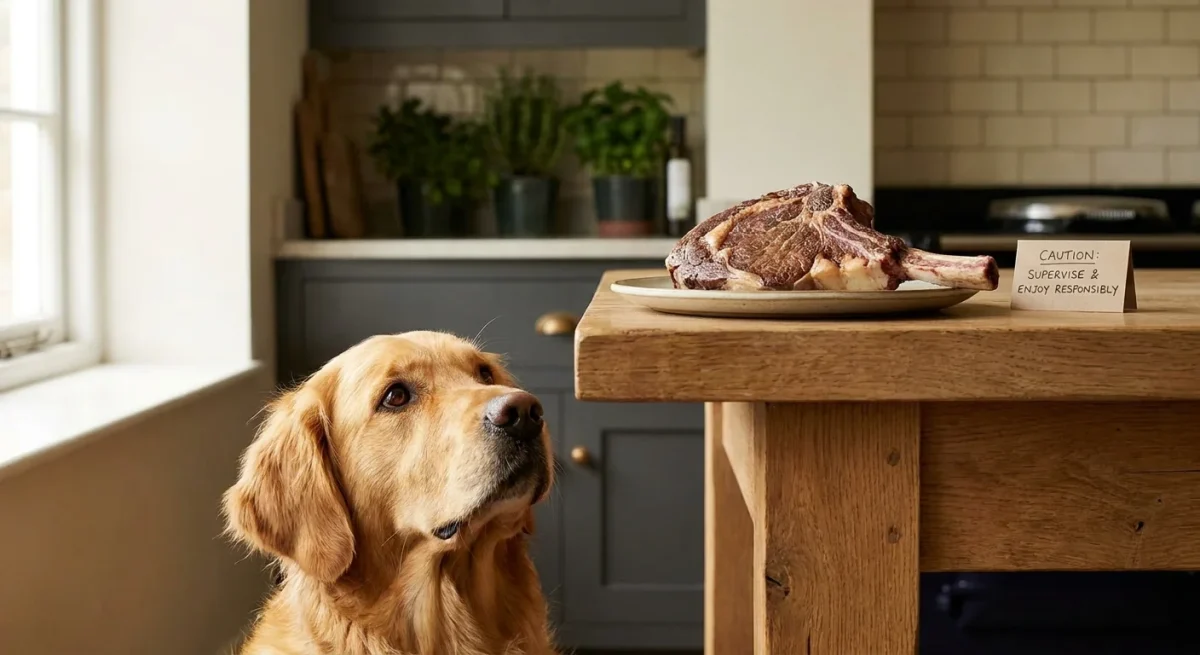 Un câine Golden Retriever privește cu atenție un os de friptură pe o masă de lemn, într-un cadru luminos.