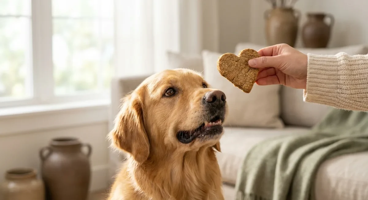 Un câine Golden Retriever privește cu entuziasm o recompensă naturală într-un decor interior modern și luminos.