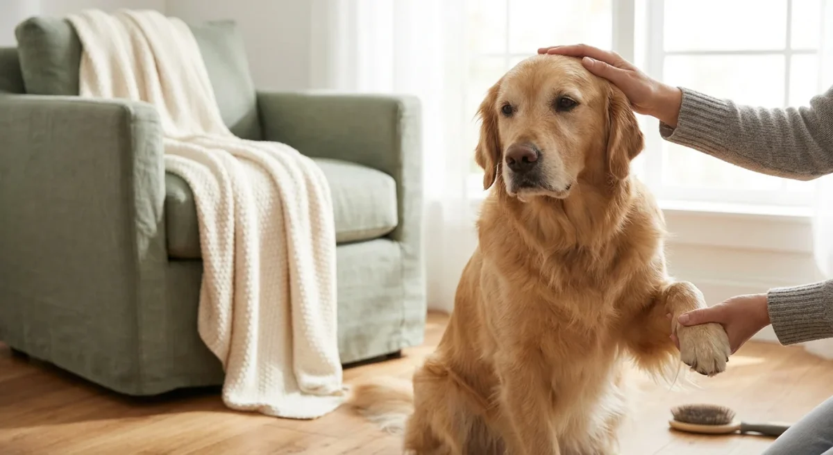 Un câine Golden Retriever relaxat primind îngrijire într-un decor de casă modern și luminos.
