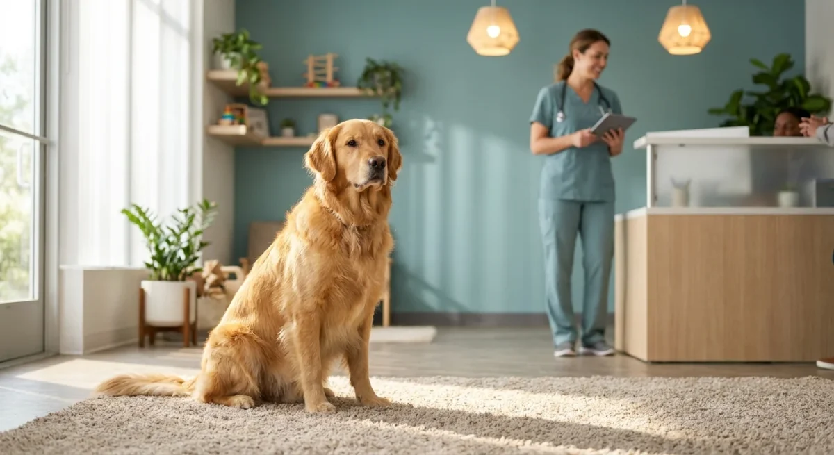 Un câine Golden Retriever sănătos într-un cabinet veterinar modern, ilustrând importanța consultului medical.