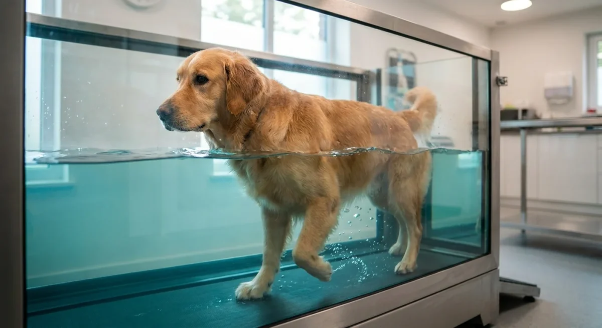 Un câine Golden Retriever se antrenează pe o bandă de alergare subacvatică într-o clinică modernă.
