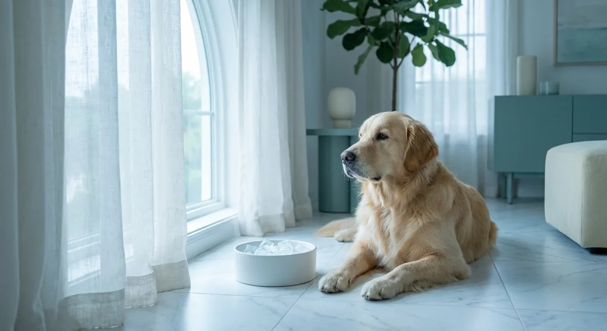 Un câine Golden Retriever se odihnește pe o podea rece de gresie lângă un bol cu apă și gheață.