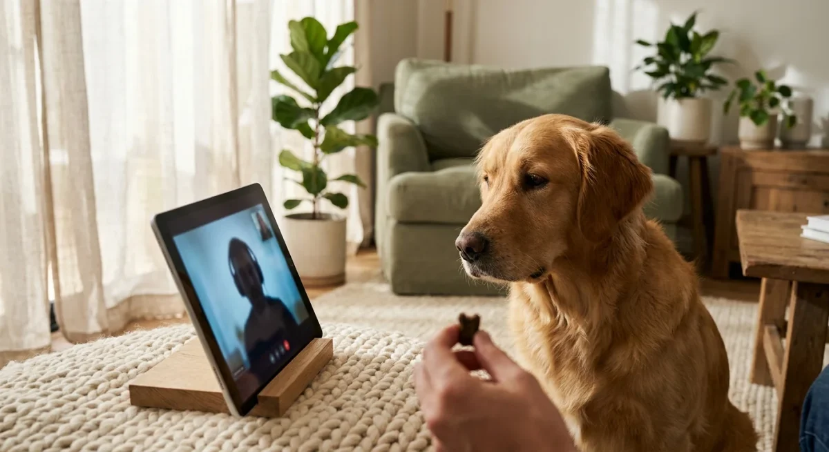 Un câine Golden Retriever stă atent în fața unei tablete, participând la o sesiune de dresaj canin online într-un decor modern.