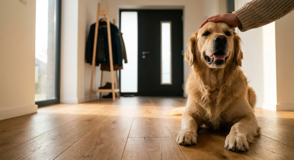 Un câine Golden Retriever stă cuminte cu toate cele patru labe pe podea în timp ce este mângâiat de stăpân.