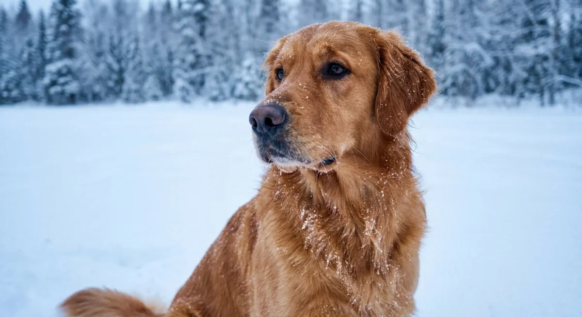 Un câine Golden Retriever stând în zăpadă, simbolizând vigilența necesară pentru deparazitarea de iarnă.