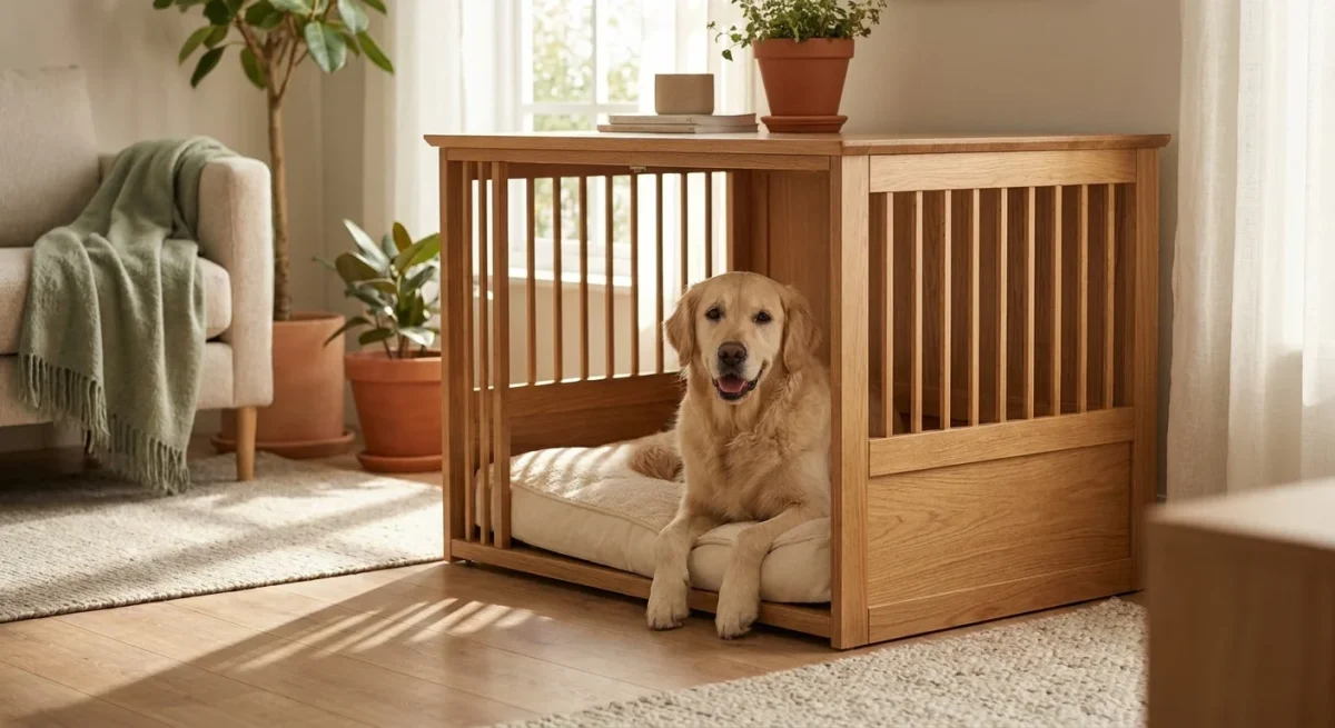 Un câine Golden Retriever stând relaxat într-o cușcă modernă din lemn, integrată ca piesă de mobilier într-o sufragerie luminoasă.