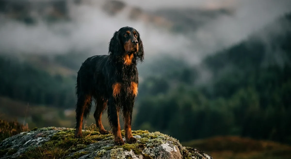 Un câine Gordon Setter mândru pe o stâncă în Scoția, cu blana neagră mătăsoasă și pete cafanii, într-un peisaj montan cu ceață.