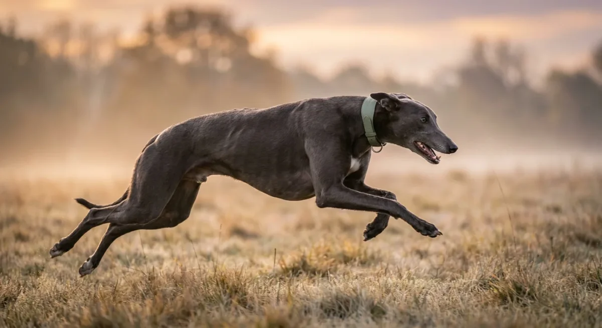 Un câine Greyhound surprins în plină alergare, cu toate picioarele în aer, pe un câmp luminat de soarele dimineții.