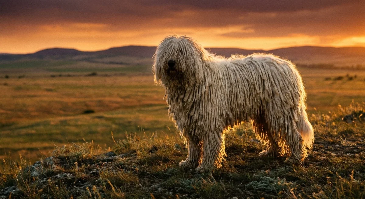 Un câine Komondor impunător cu blană albă cordată stând pe o câmpie la apus.
