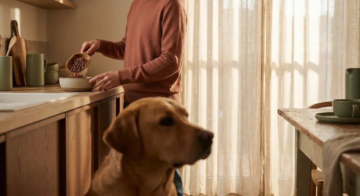 Un câine Labrador așteaptă lângă stăpânul său care pregătește mâncarea într-o bucătărie modernă și luminoasă.